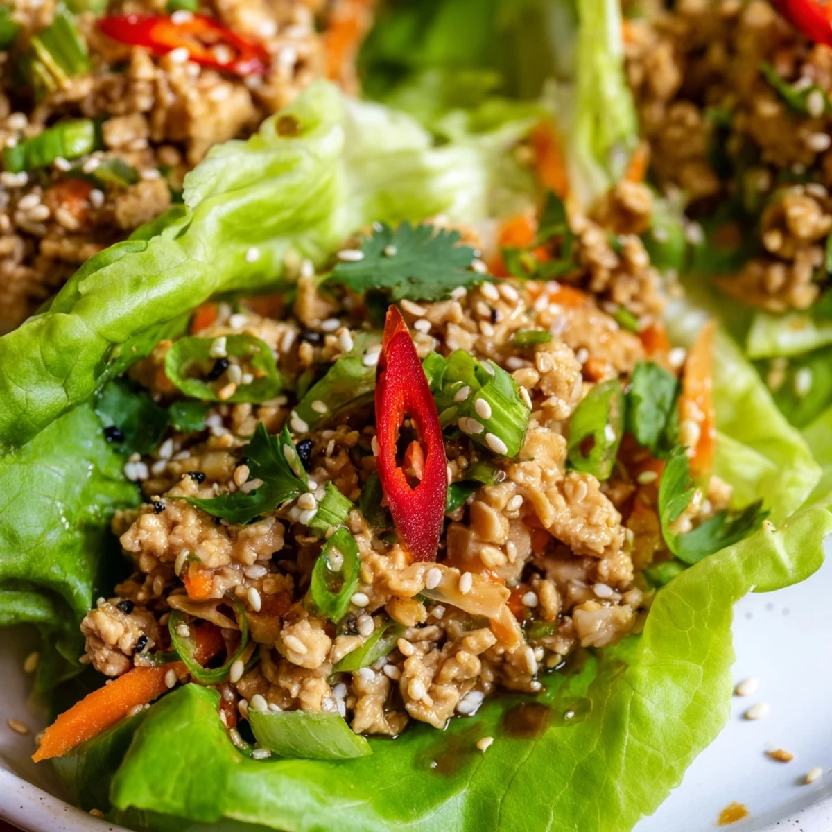 Crisp butter lettuce cups filled with savory Potsticker Chicken Lettuce Boats garnished with sesame seeds and cilantro.