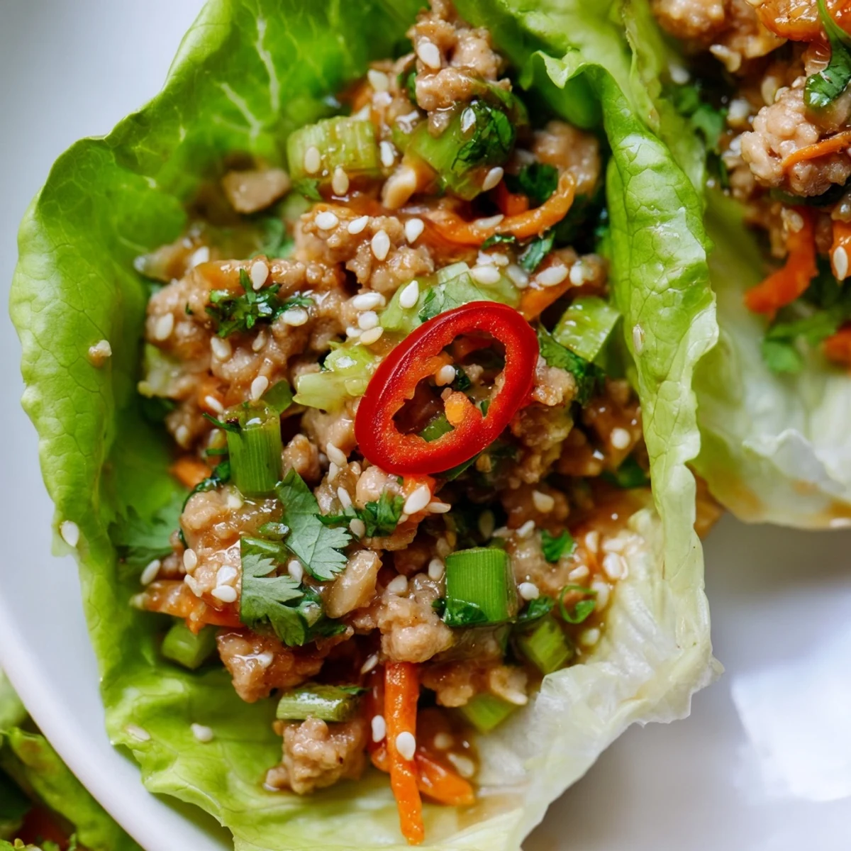 Fresh Potsticker Chicken Lettuce Boats served with dipping sauce and chili slices, perfect for a low-carb dinner.
