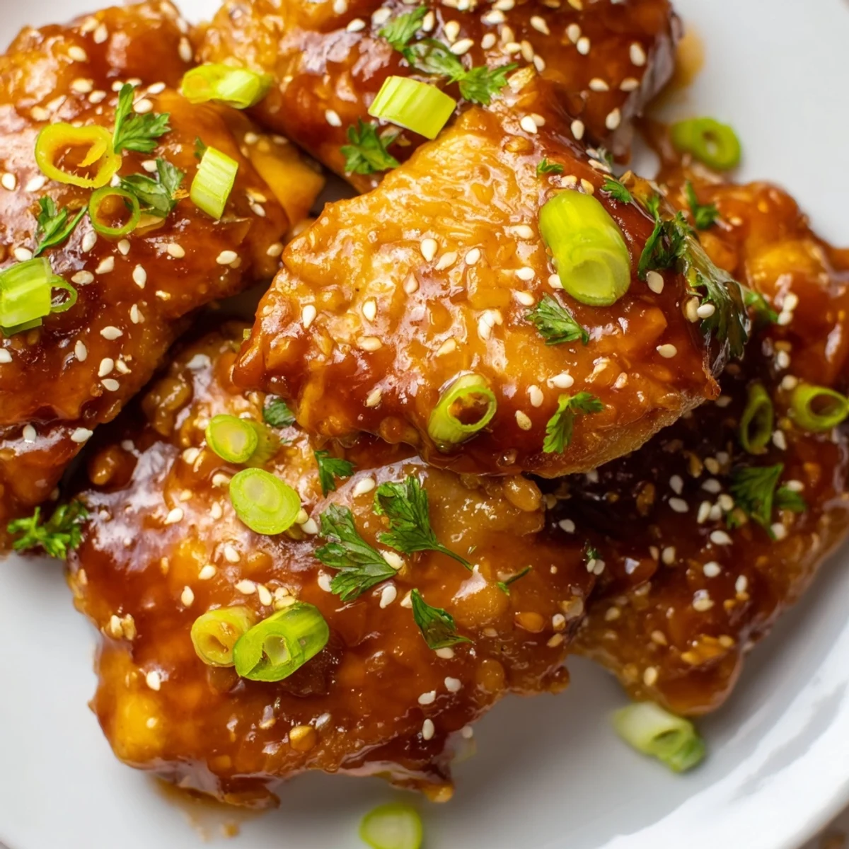 Crispy golden chicken thighs glazed in vibrant sweet and spicy Thai chicken sauce, garnished with fresh cilantro and green onions.
