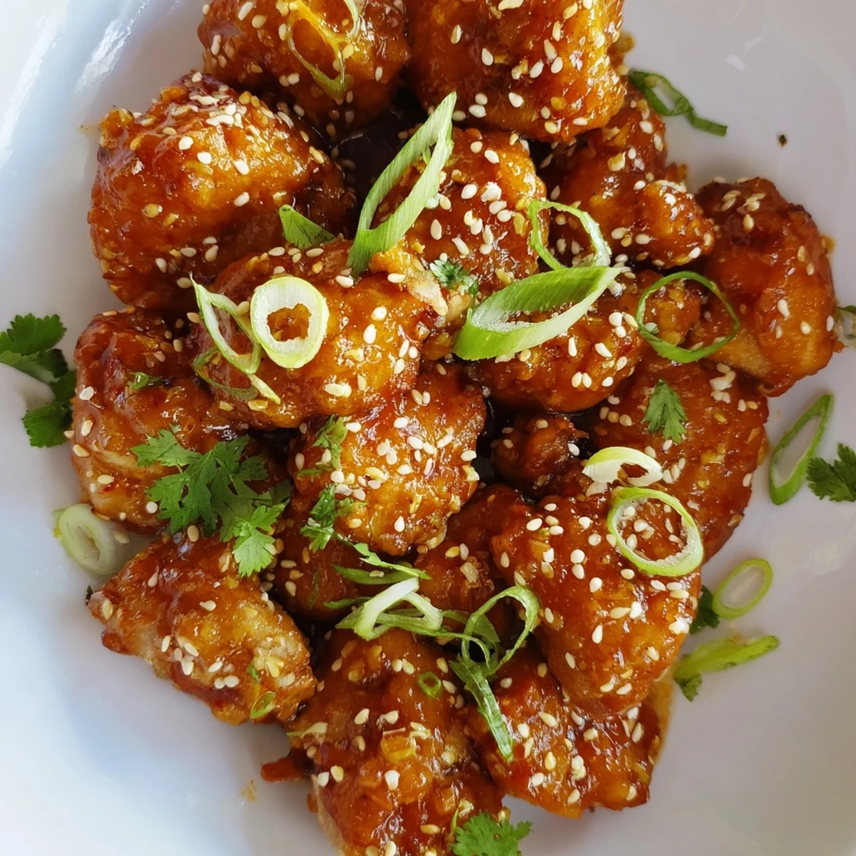 Close-up of tender sweet and spicy Thai chicken pieces coated in glossy sauce, sprinkled with sesame seeds on a white plate.
