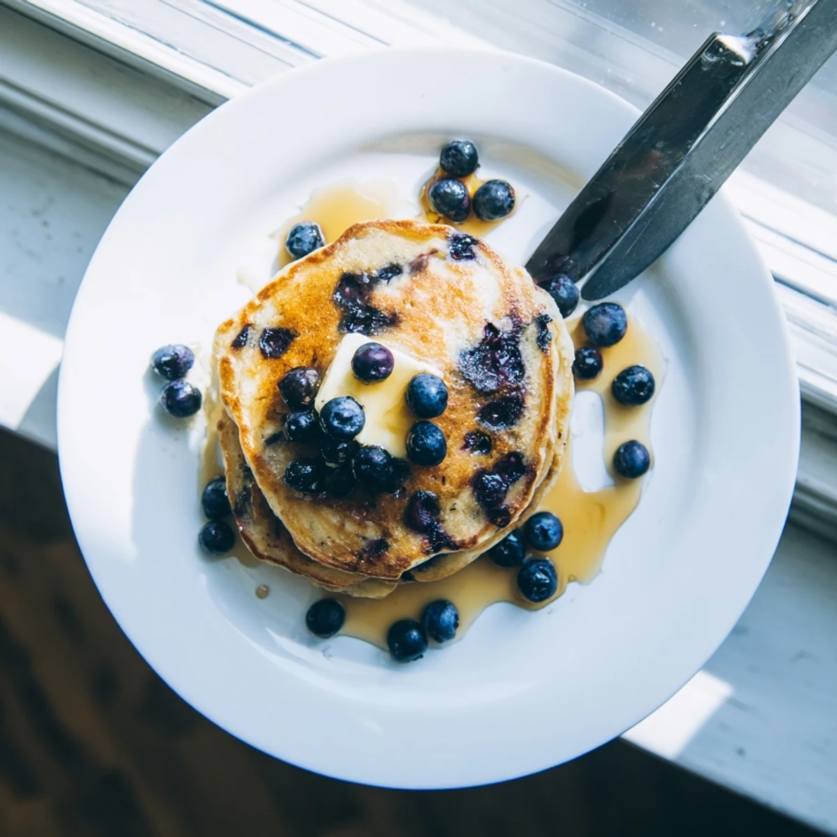 Fluffy Greek Yogurt Blueberry Pancakes piled high with golden-brown edges and bursting blueberries.