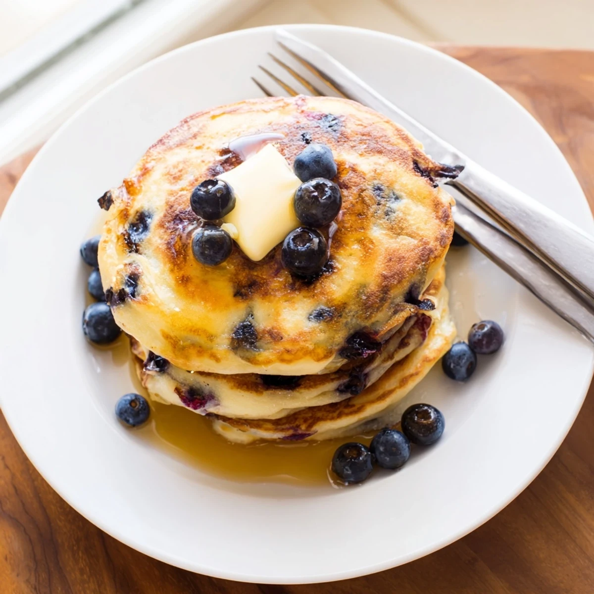 A stack of Fluffy Greek Yogurt Blueberry Pancakes served with a dollop of Greek yogurt and syrup.