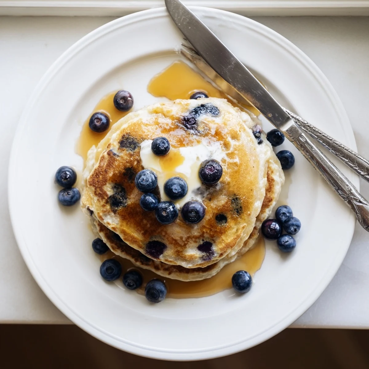 Warm Fluffy Greek Yogurt Blueberry Pancakes topped with maple syrup and fresh berries on a plate.