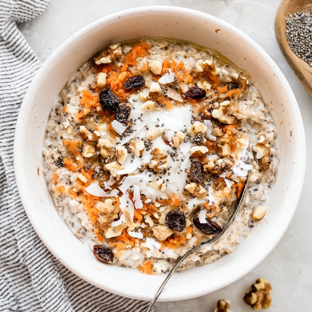 A jar of Carrot Cake Overnight Oats topped with walnuts, raisins, and a drizzle of maple syrup on a marble counter.