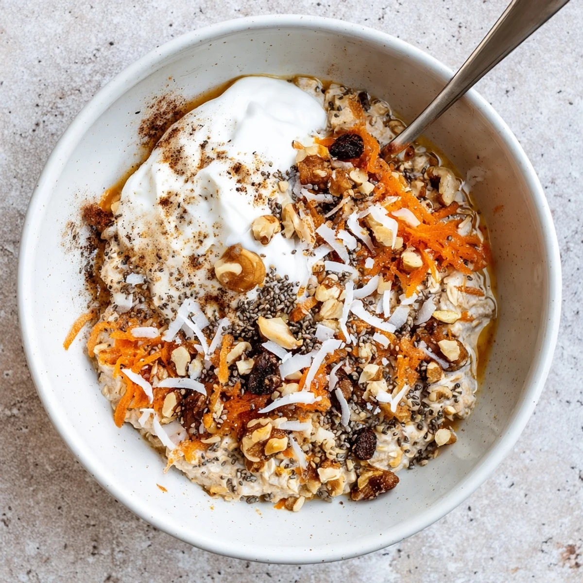 Spoons ready for Carrot Cake Overnight Oats, featuring shredded carrots and creamy yogurt layered in a clear glass jar.