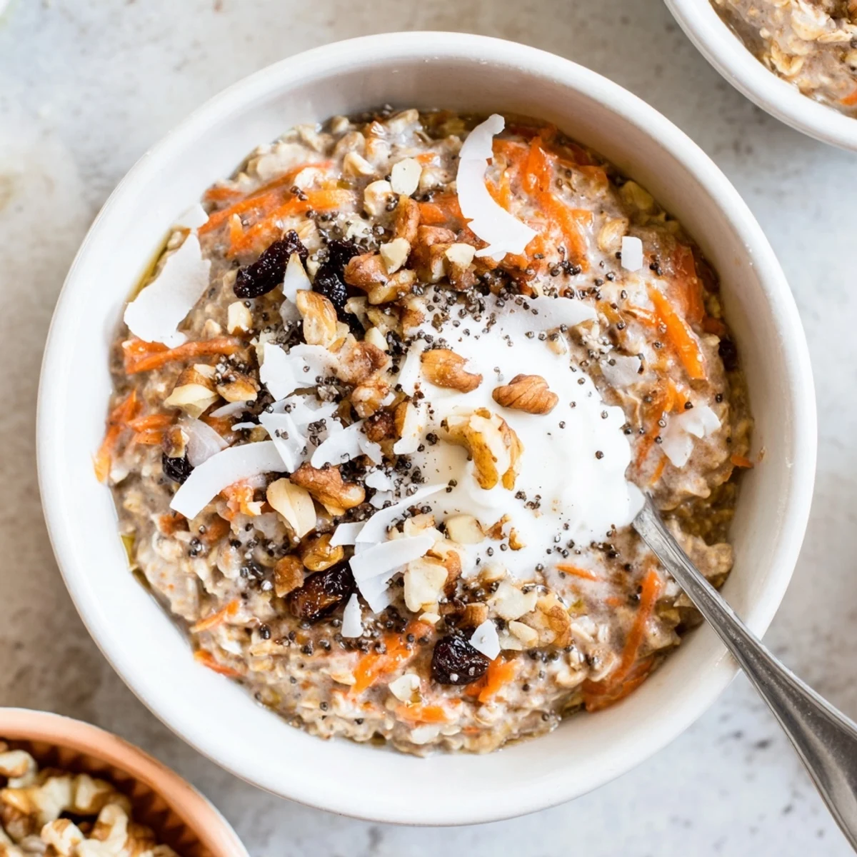 Healthy Carrot Cake Overnight Oats served chilled in a bowl with extra nuts and cinnamon for a cozy breakfast.