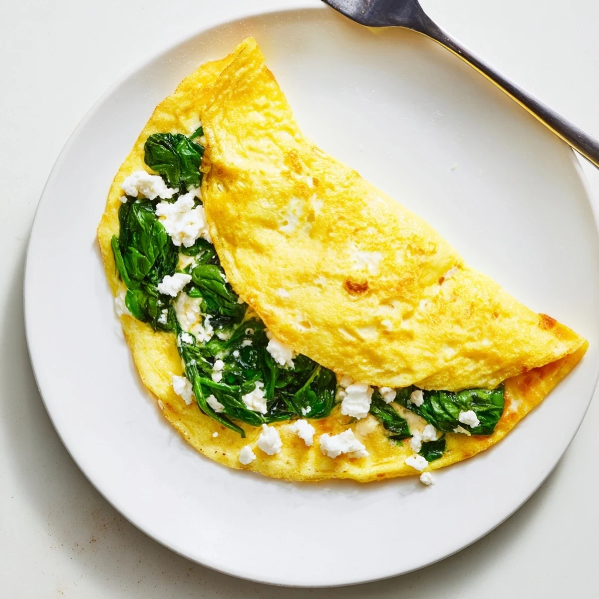Golden-brown 15-Minute Spinach and Feta Omelet folded neatly on a white plate with fresh spinach garnish.