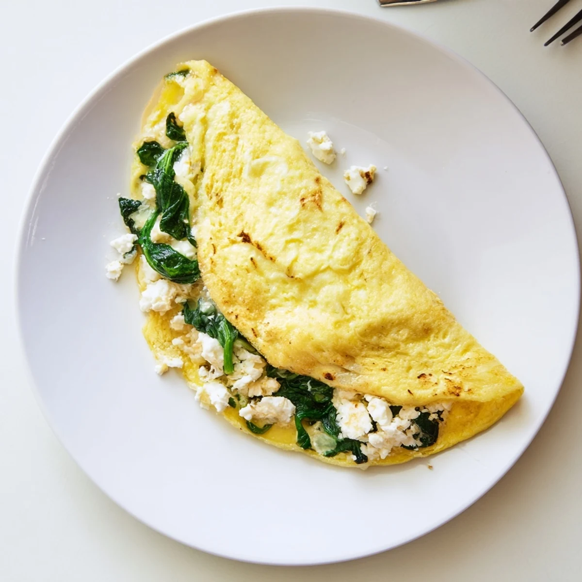 Close-up of the 15-Minute Spinach and Feta Omelet revealing melted feta and wilted spinach inside the folds.