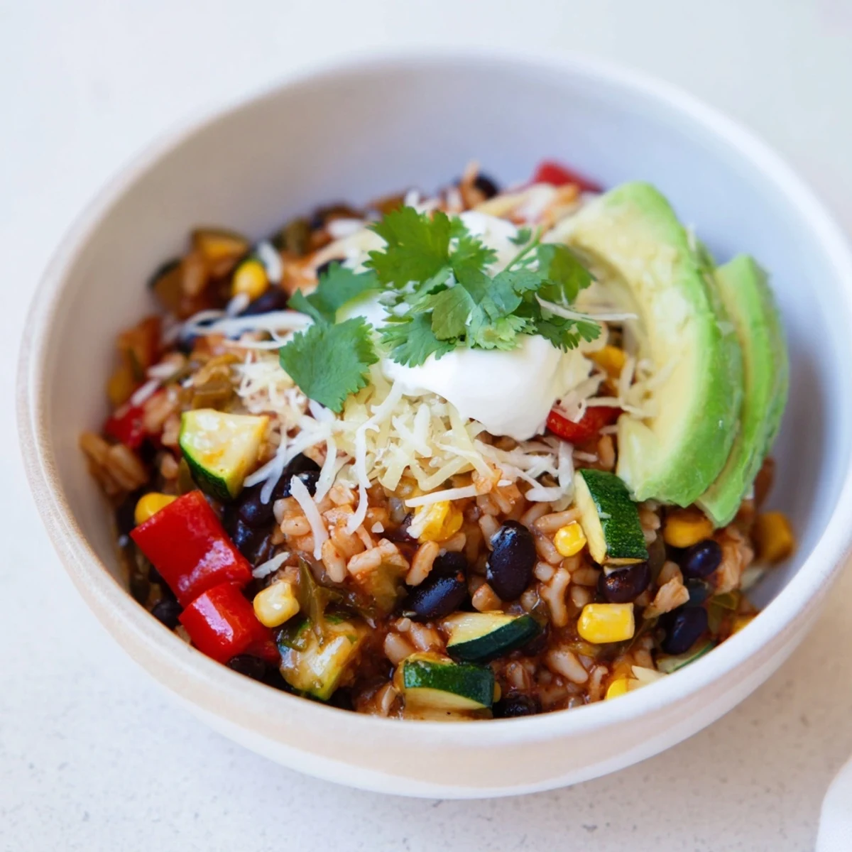A steaming bowl of Southwest Spice Green Chile Bowl topped with avocado, cheese, and cilantro.