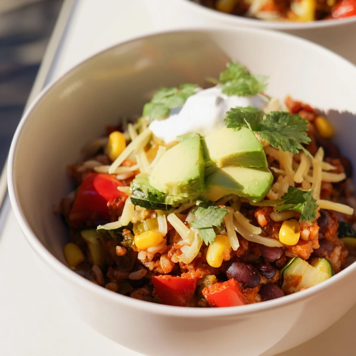 Spoonful of Southwest Spice Green Chile Bowl showing beans, corn, and green chiles on brown rice.