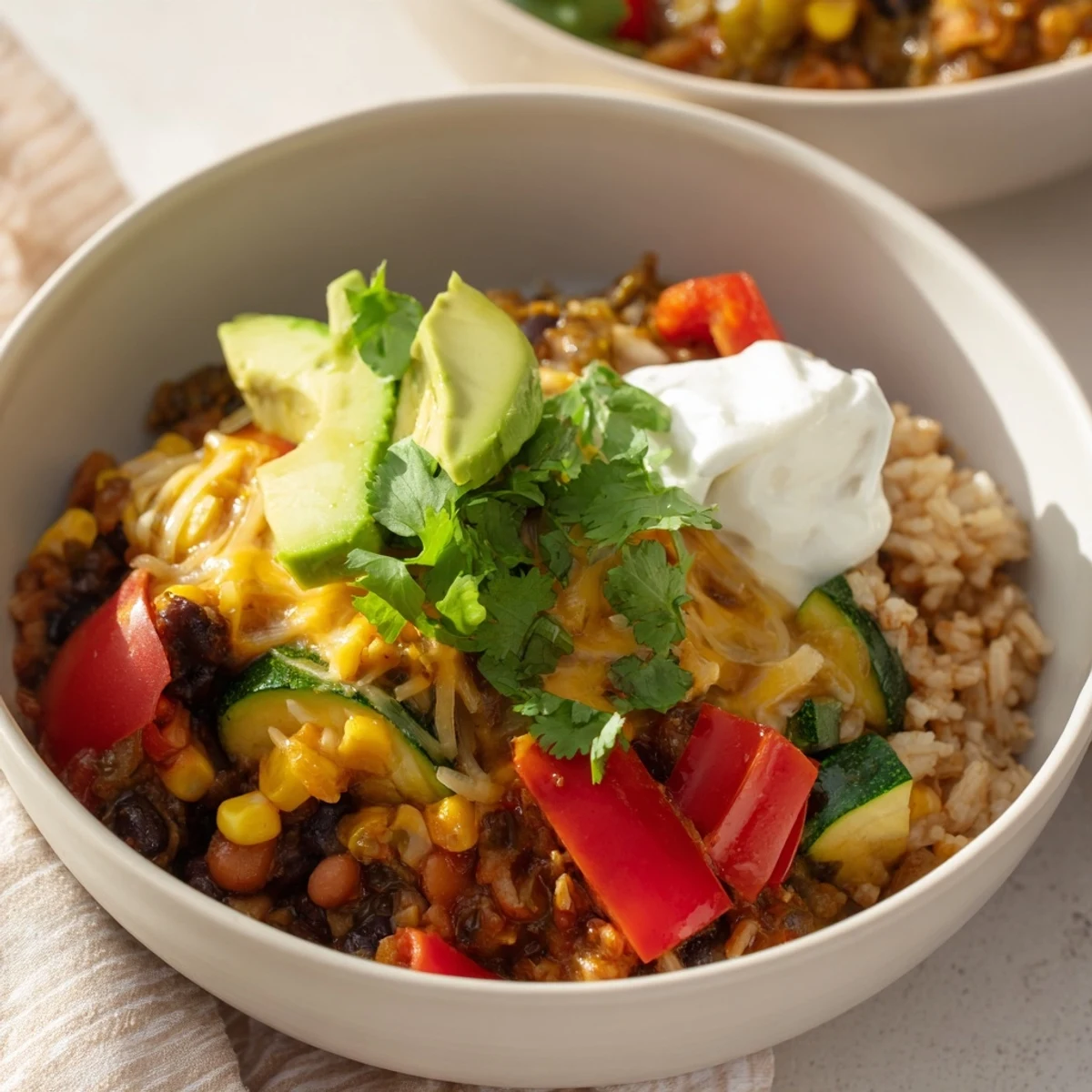 Southwest Spice Green Chile Bowl garnished with lime wedges and jalapeños in a rustic ceramic bowl.