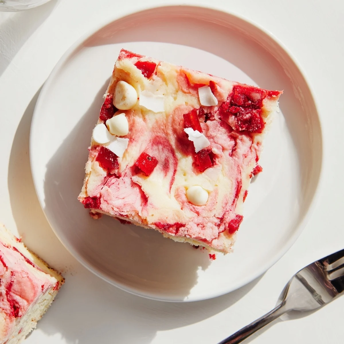 Freshly baked Strawberry Earthquake Cake with visible cheesecake swirls and juicy berries.