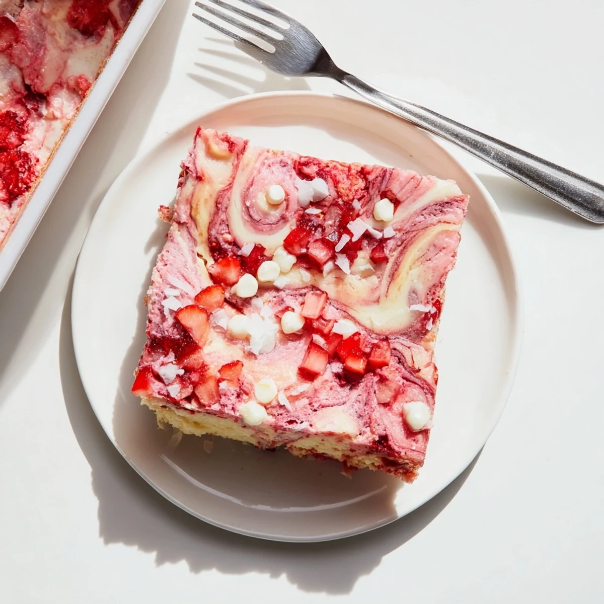 A warm slice of Strawberry Earthquake Cake served with a scoop of vanilla ice cream.