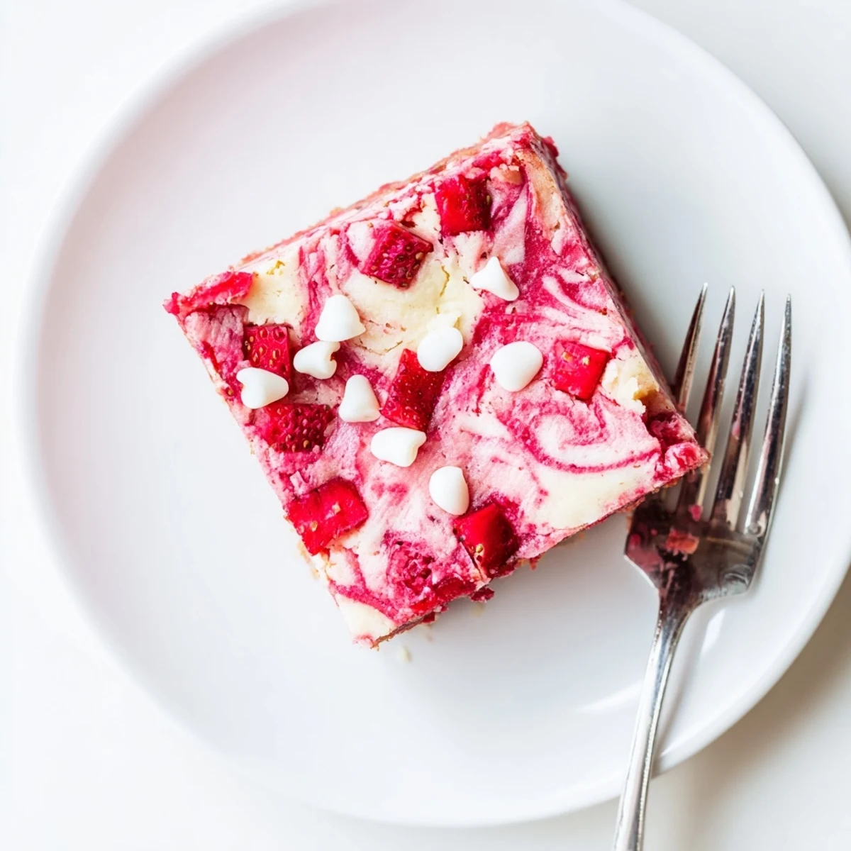 Overhead view of a moist Strawberry Earthquake Cake topped with white chocolate chips and shredded coconut.