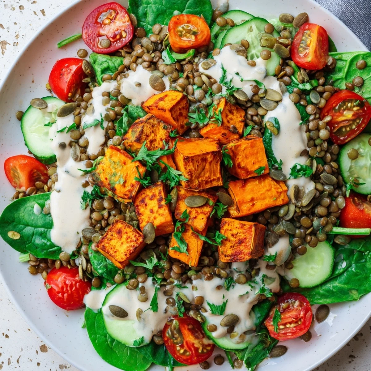 A colorful serving of the Healthy Lunch Sweet Potato Lentil Bowl, featuring diced cucumbers, cherry tomatoes, and crunchy toasted pumpkin seeds.