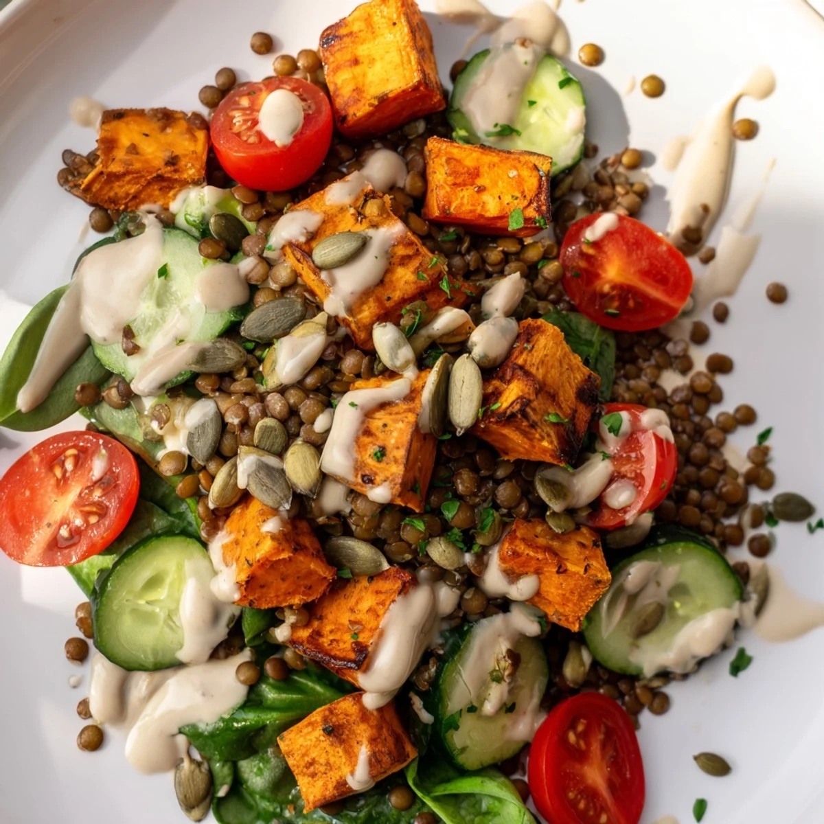 Vibrant roasted sweet potatoes and lentils in the Healthy Lunch Sweet Potato Lentil Bowl, topped with fresh spinach and a creamy tahini dressing.