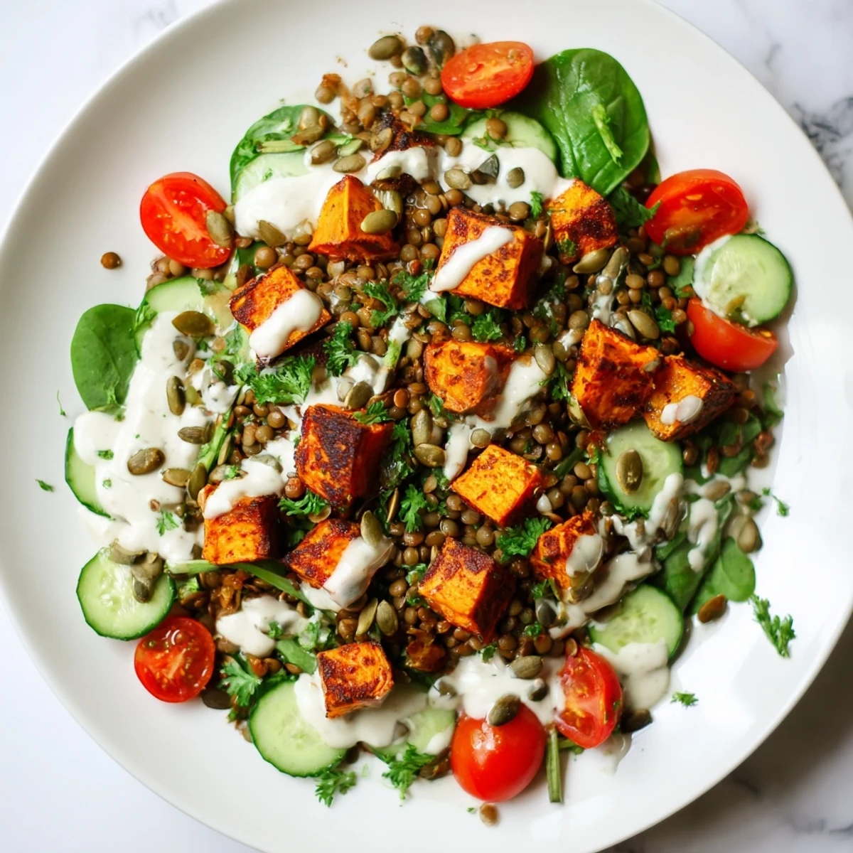 Savory and nourishing, the Healthy Lunch Sweet Potato Lentil Bowl is ready to enjoy with a zesty lemon-tahini drizzle.