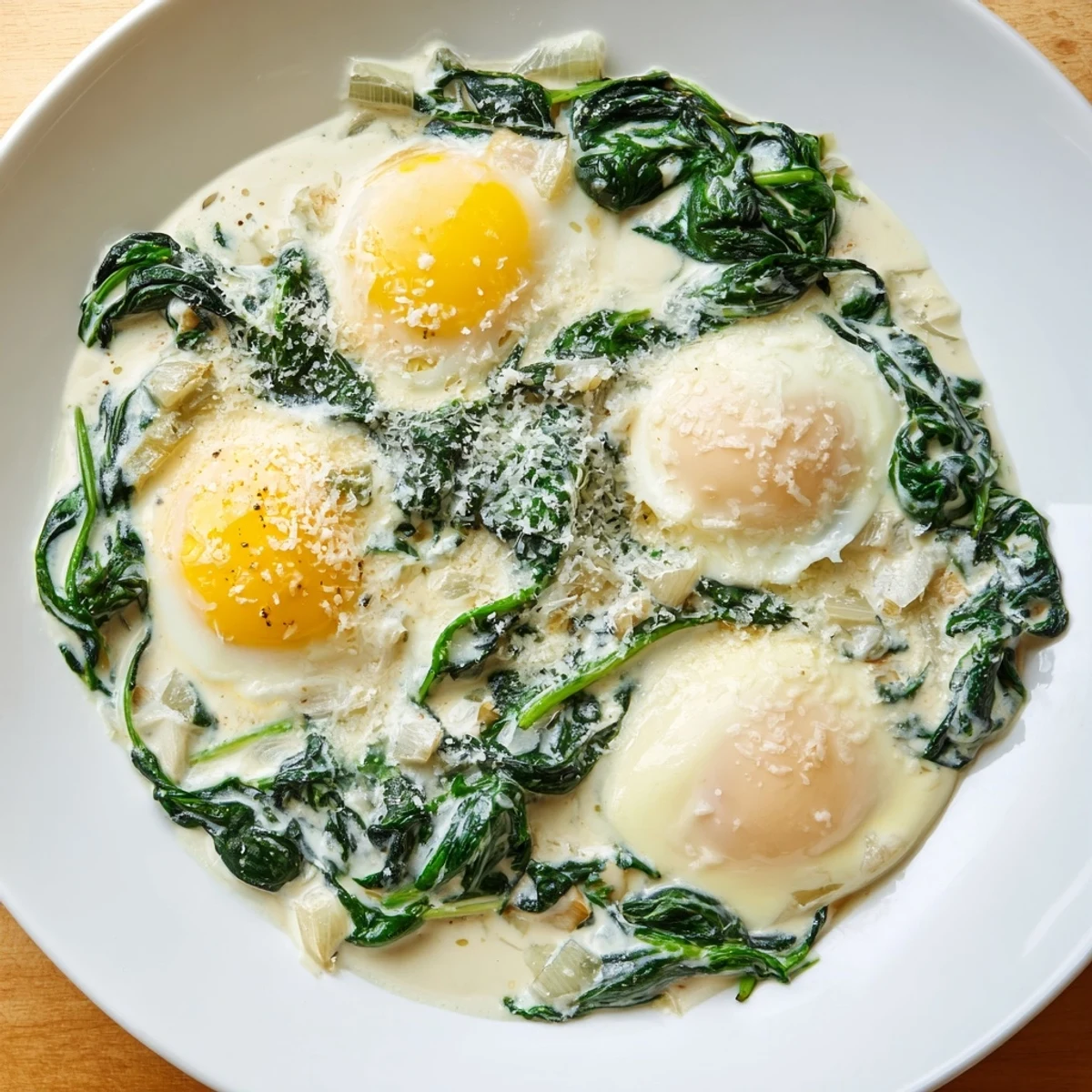 Creamy Spinach and Eggs simmer in a rich sauce, with tender greens and softly set eggs in a warm skillet.