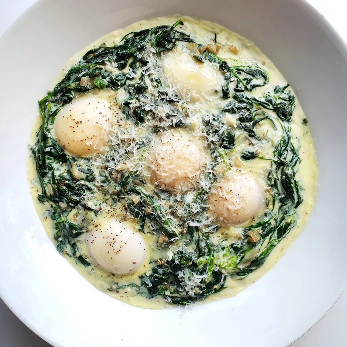 This vegetarian Creamy Spinach and Eggs dish shows wilted spinach, golden egg yolks, and a comforting, creamy texture.