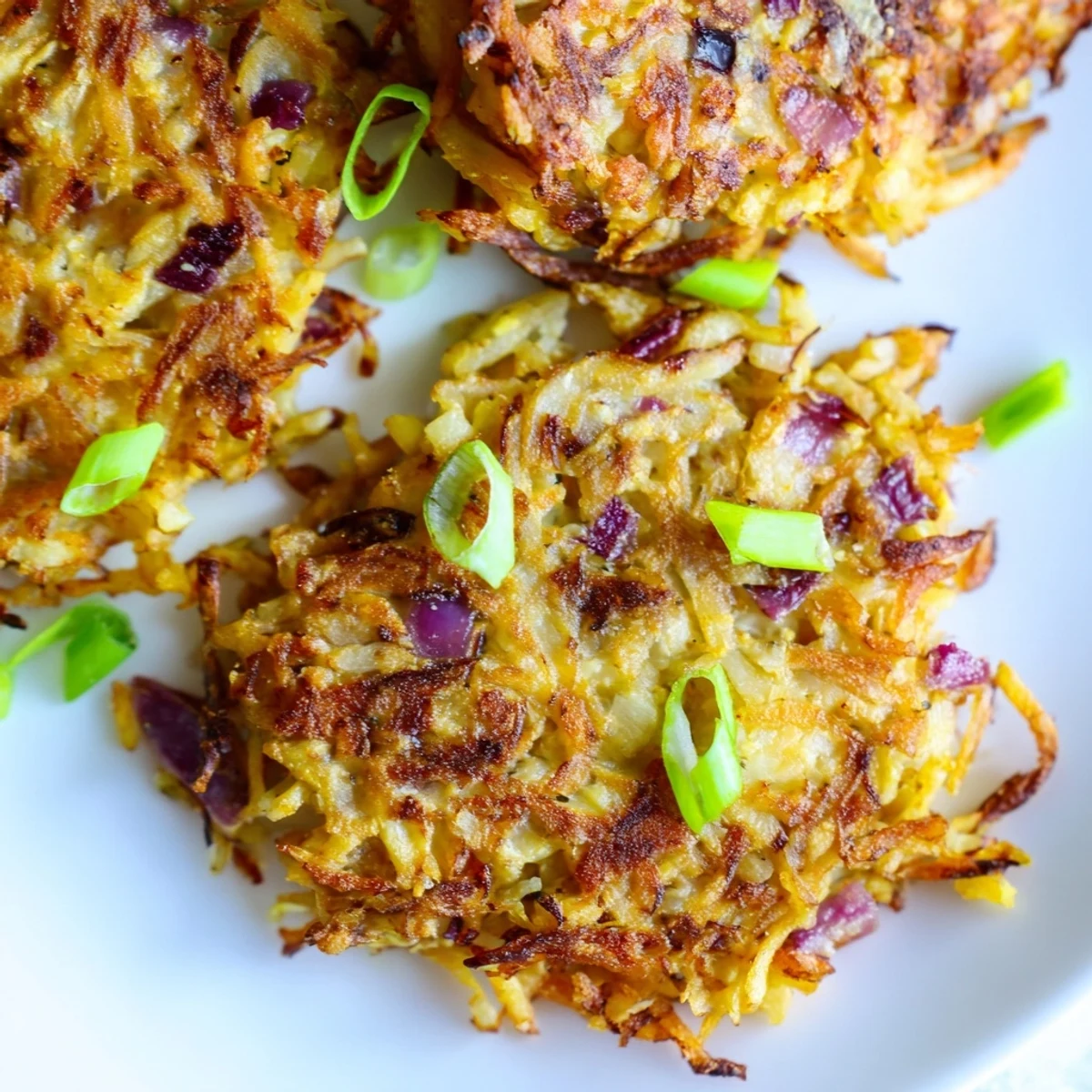 Golden-brown, crispy-edged Healthy Sweet Potato Hash Browns fresh from the oven, served with a dollop of tangy Greek yogurt and sliced green onions.
