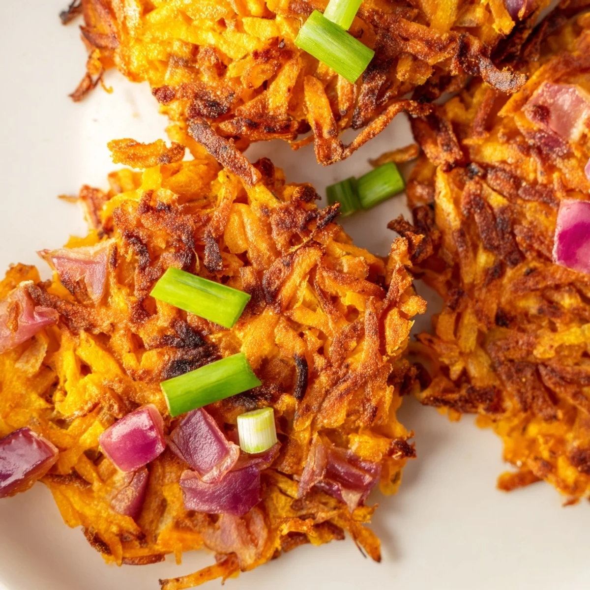 A close-up of a stack of Healthy Sweet Potato Hash Browns, showing the tender interior and crispy exterior, perfect with avocado slices on the side.