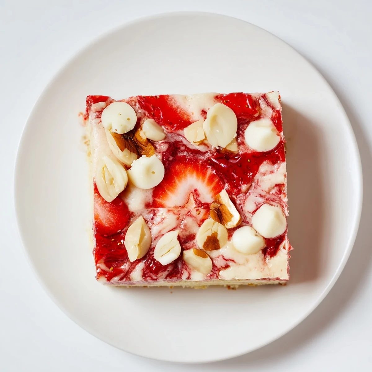 A close-up of Irresistible Strawberry Earthquake Cake with ribbons of strawberry and creamy cheesecake swirls.