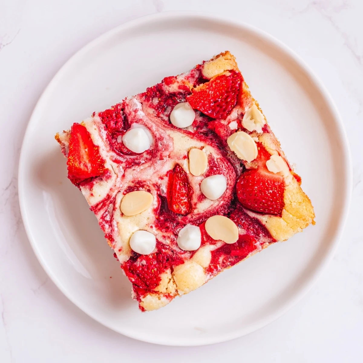 A slice of Irresistible Strawberry Earthquake Cake on a plate topped with white chocolate chips and sliced almonds.