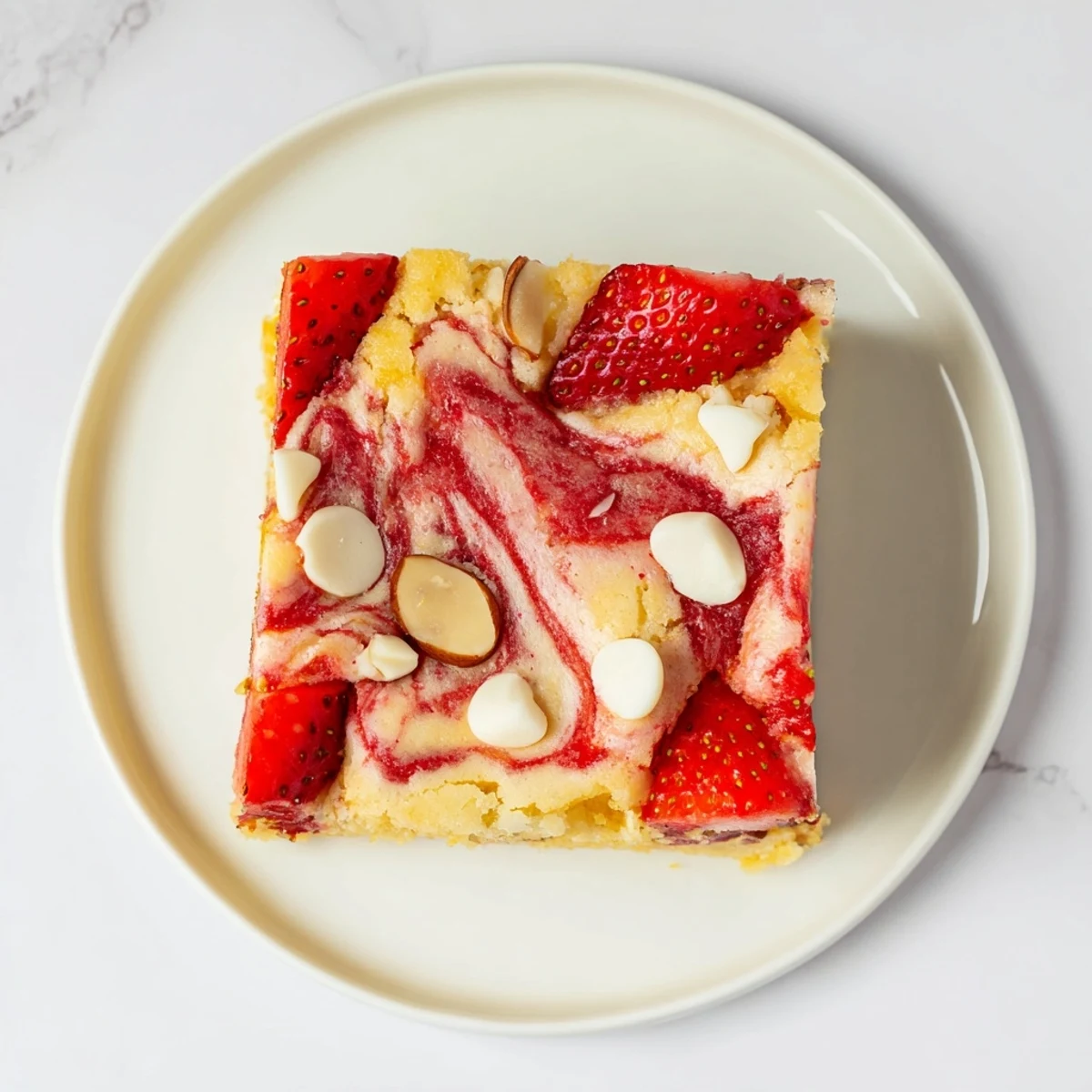 Irresistible Strawberry Earthquake Cake served warm with vanilla ice cream melting over the marbled dessert.