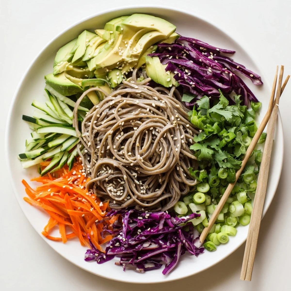Fresh cucumber slices and cilantro top the chilled Sesame Avocado and Soba Noodle Salad, perfect for a light lunch.