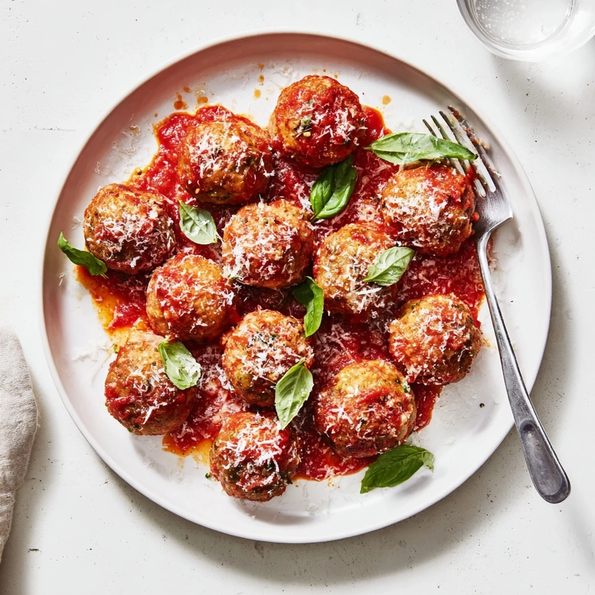 Golden-baked Ricotta and Mushroom Meatballs rest in a rich, simmering tomato sauce, garnished with fresh basil and grated Parmesan.