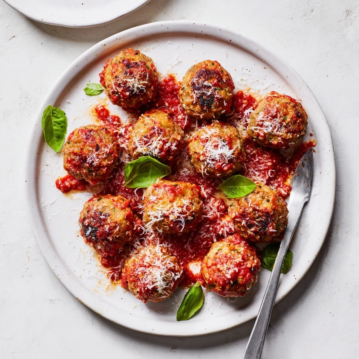 A close-up of tender Ricotta and Mushroom Meatballs in a luscious red sauce, ready to serve over spaghetti or a crusty sub.