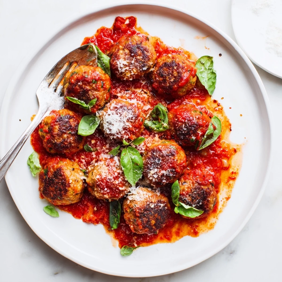 Homemade Ricotta and Mushroom Meatballs bubbling in a savory tomato sauce, garnished with fresh basil on a rustic white plate.