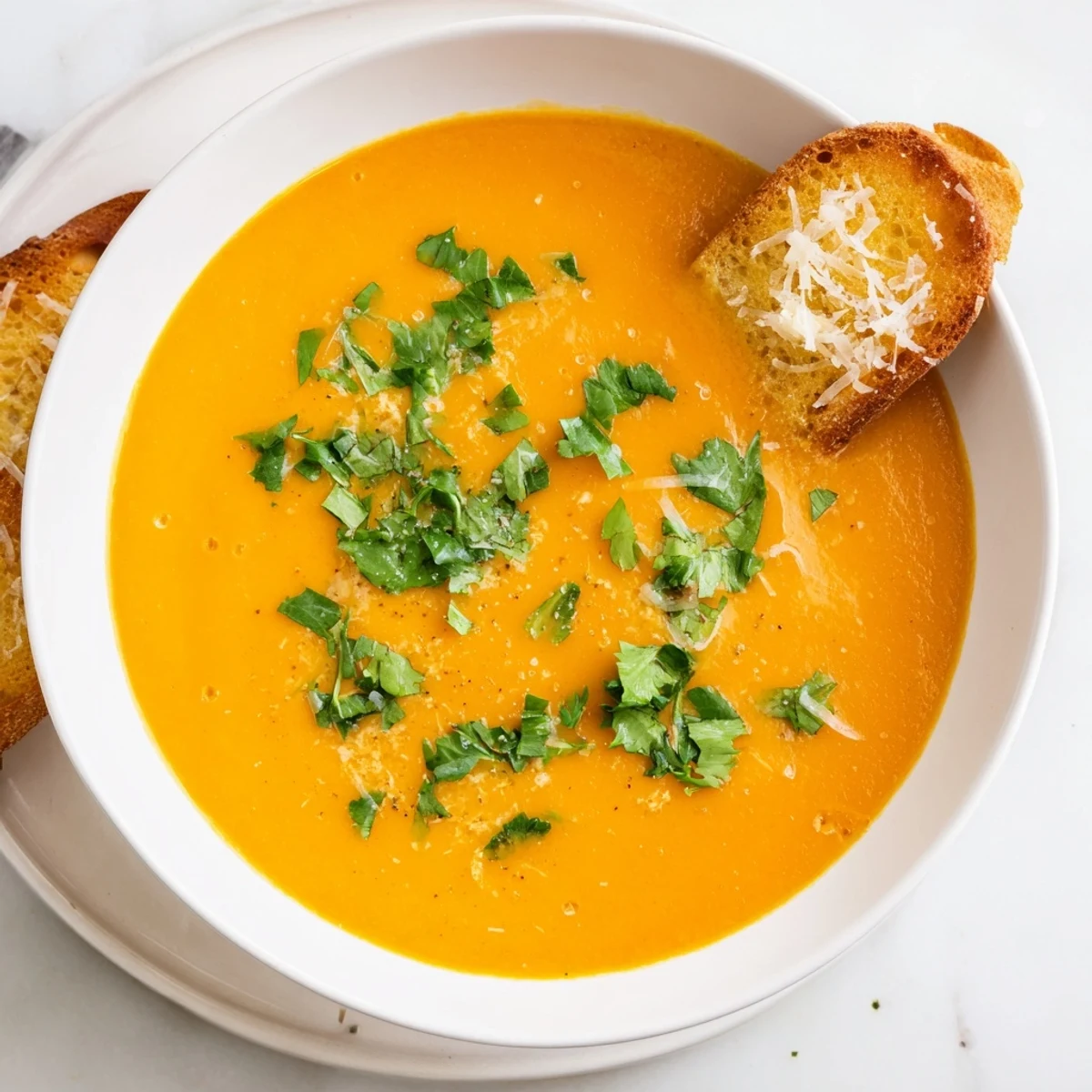 Hearty creamy carrot and coriander soup served with golden, bubbly Parmesan toasts nearby.