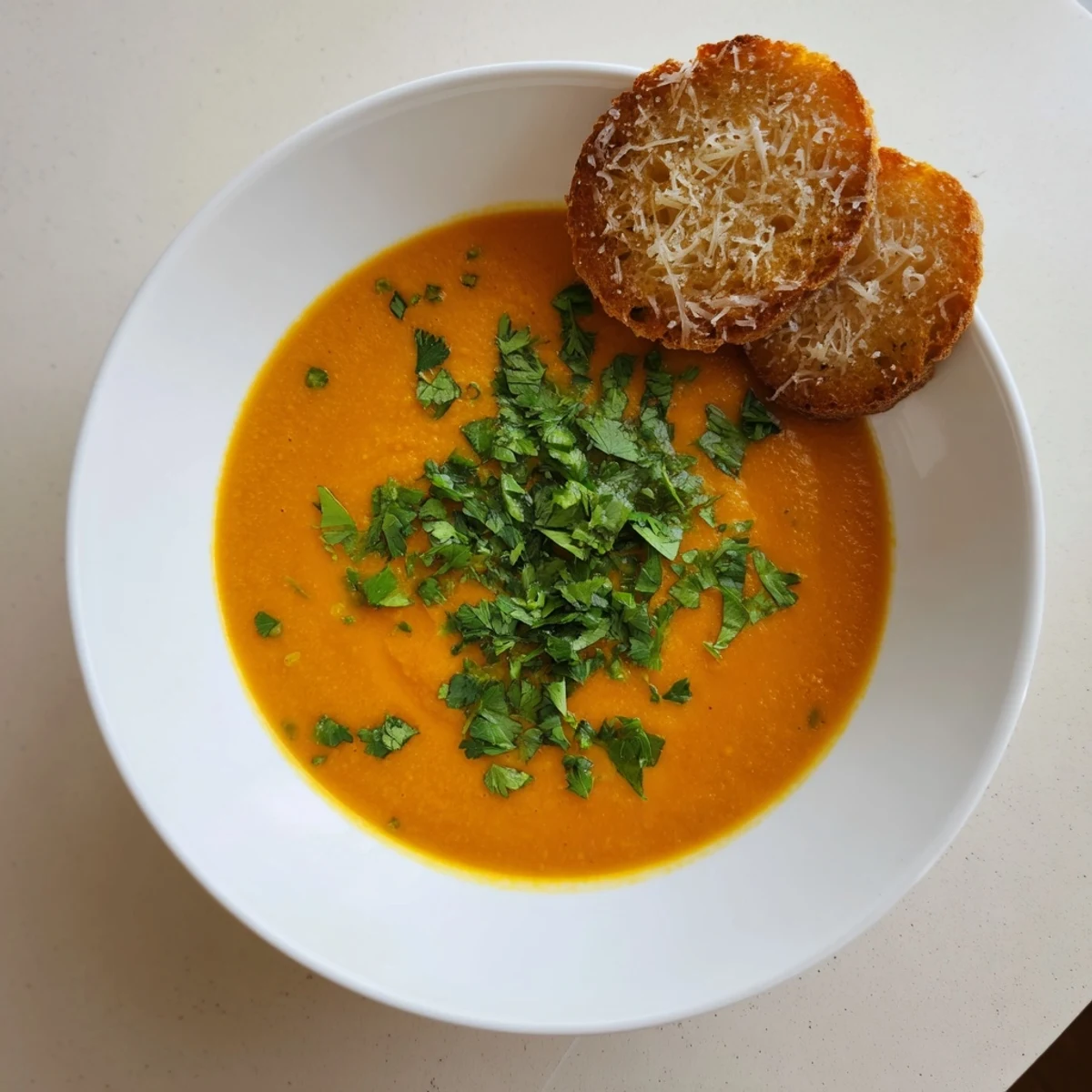 Creamy carrot and coriander soup in a rustic bowl garnished with fresh herbs.