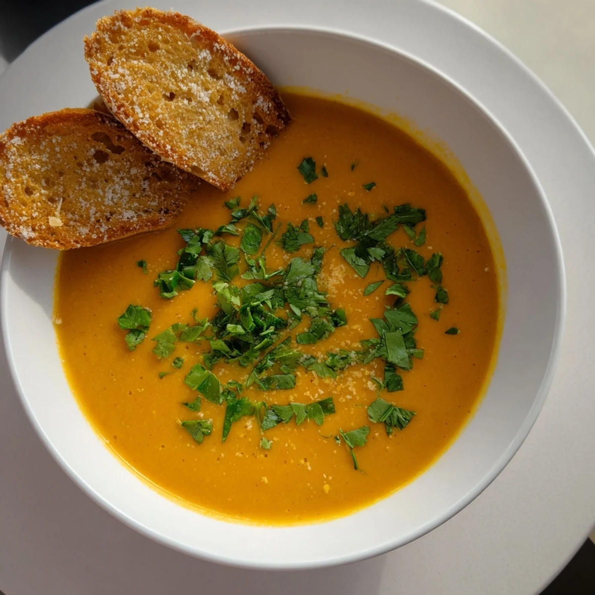 Vibrant orange creamy carrot and coriander soup beside crisp Parmesan toasts on a table.