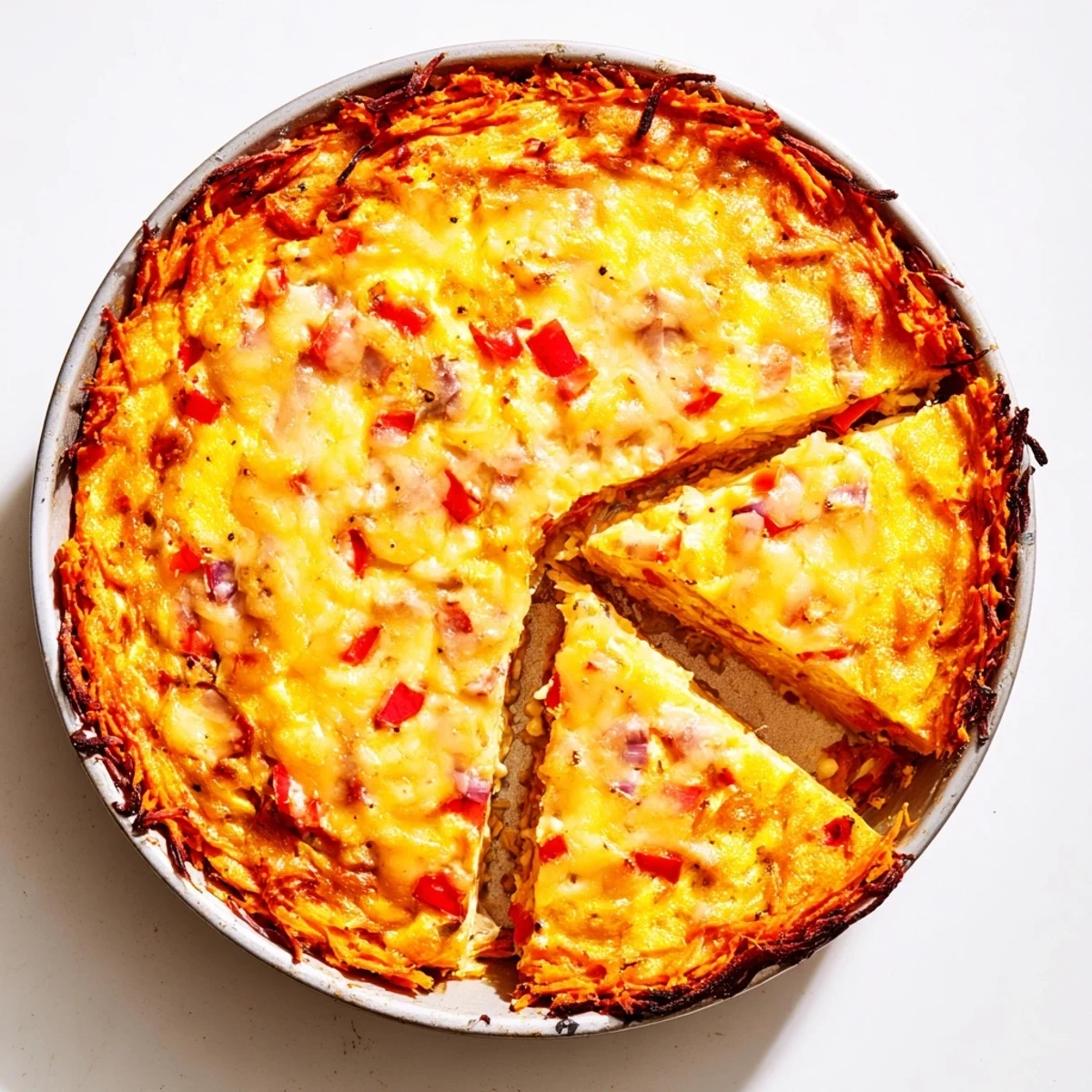 A slice of the Red Capsicum and Ham Quiche with Sweet Potato Crust sits on a white plate, showcasing the golden egg filling and roasted red pepper pieces nestled in the rustic, orange-hued crust.  