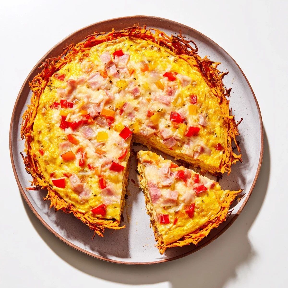 The Red Capsicum and Ham Quiche with Sweet Potato Crust is presented whole in a glass dish, garnished with fresh thyme leaves, ready for a gluten-free family brunch.  