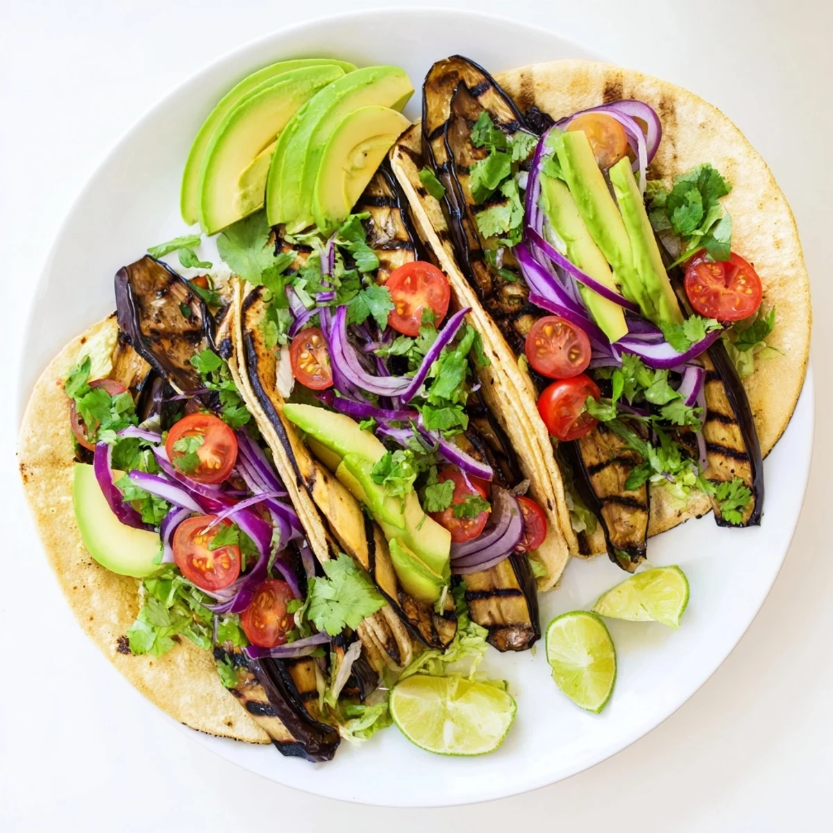 Close-up of Charred Eggplant Tacos filled with charred eggplant, lettuce, tomatoes, and avocado.
