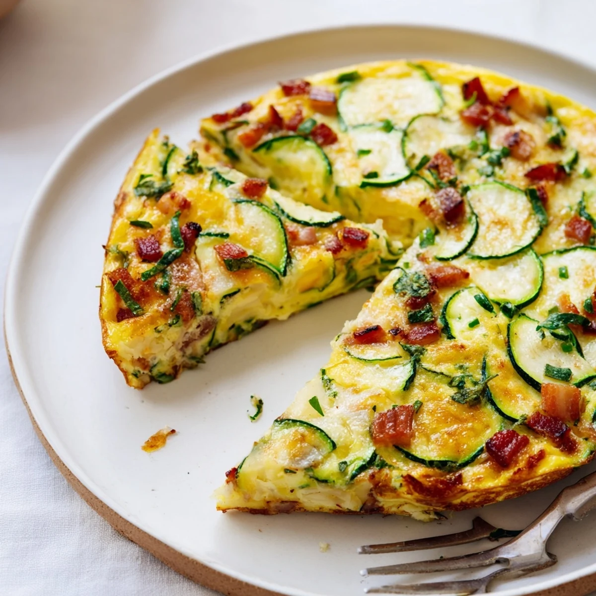 Golden slices of Zucchini Herb and Pancetta Frittata reveal layers of tender zucchini and savory pancetta in a cast iron skillet.