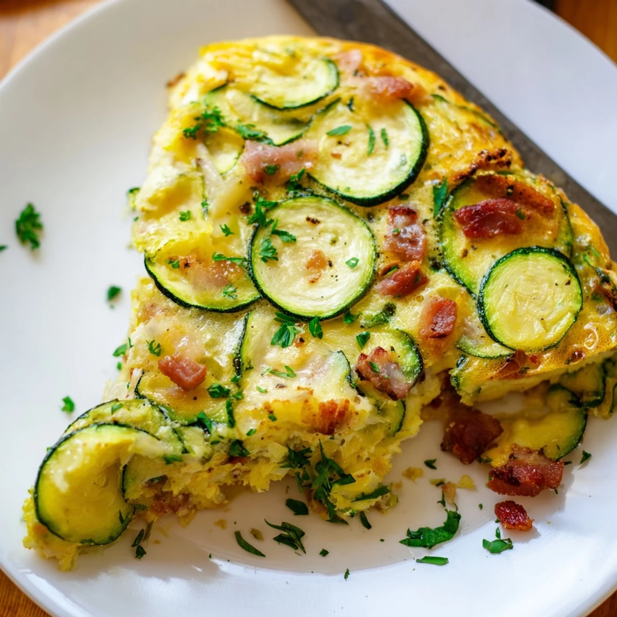 A close-up of a warm Zucchini Herb and Pancetta Frittata wedge shows fluffy eggs, melted Parmesan, and crisp pancetta bits.
