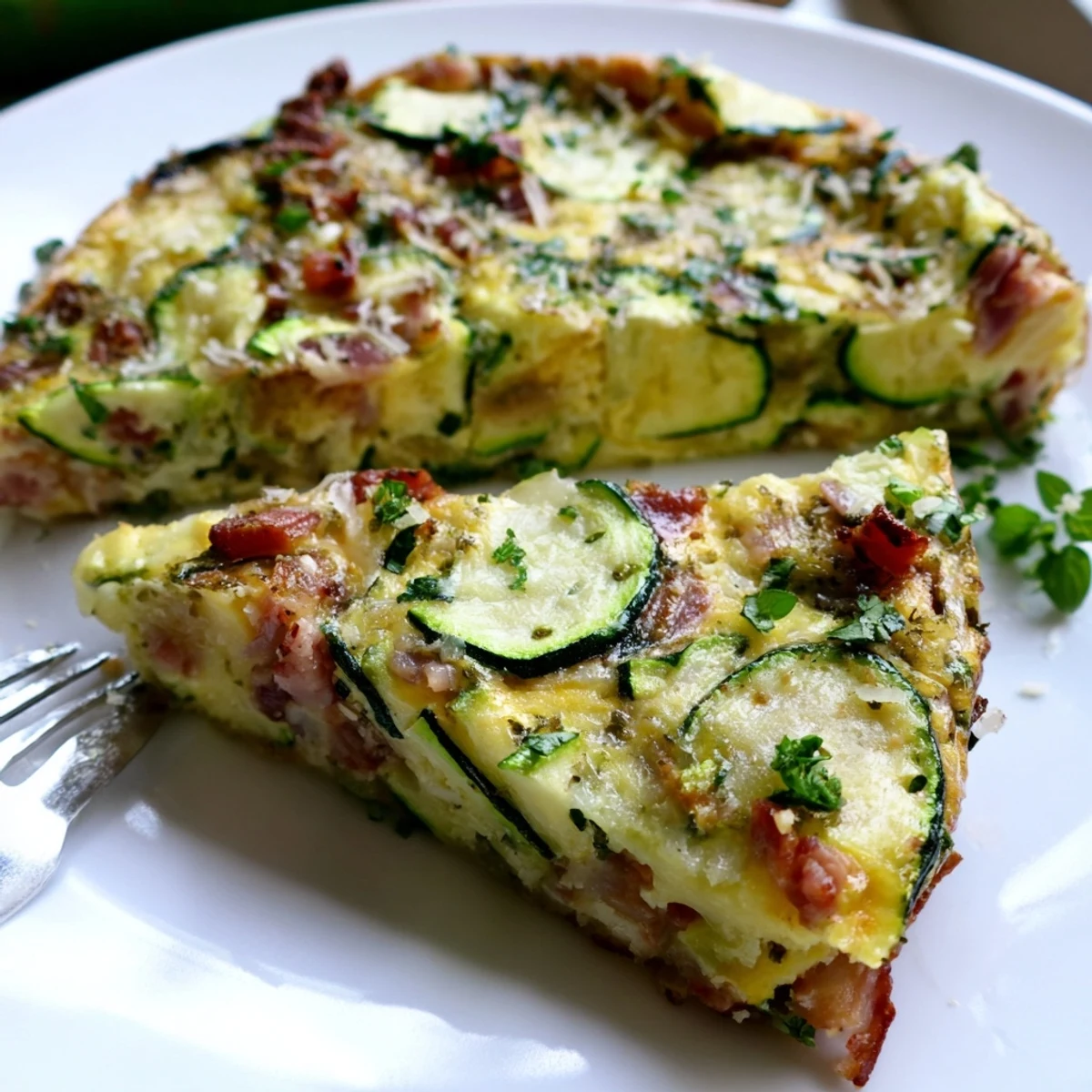 Freshly baked Zucchini Herb and Pancetta Frittata steams on a white plate, garnished with basil and ready for a brunch spread.