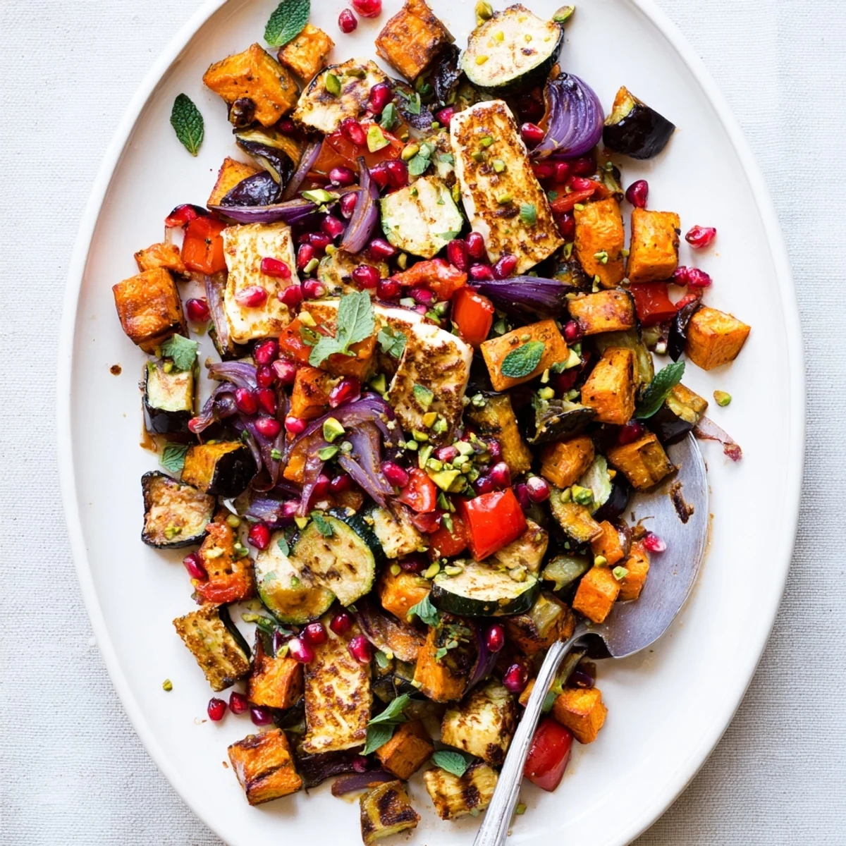 A close-up of Jewelled Haloumi With Spiced Vegetable Bake shows golden, crispy haloumi topped with ruby pomegranate seeds and fresh herbs. 