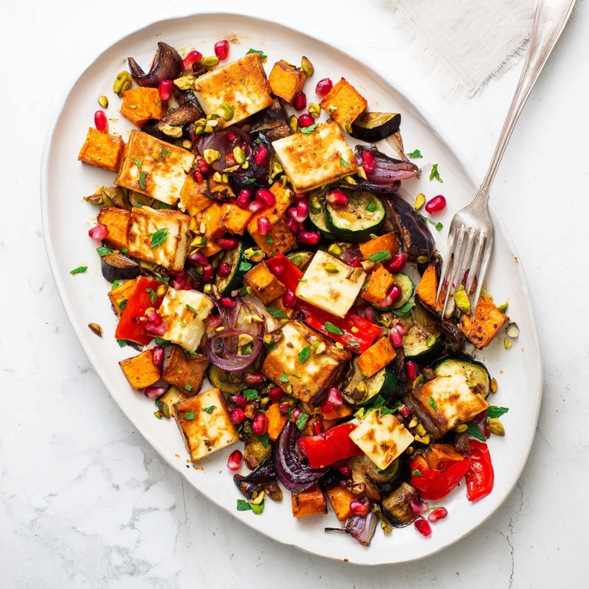 Jewelled Haloumi With Spiced Vegetable Bake plated with pistachios and lemon zest, ready to serve with a side of creamy yogurt.