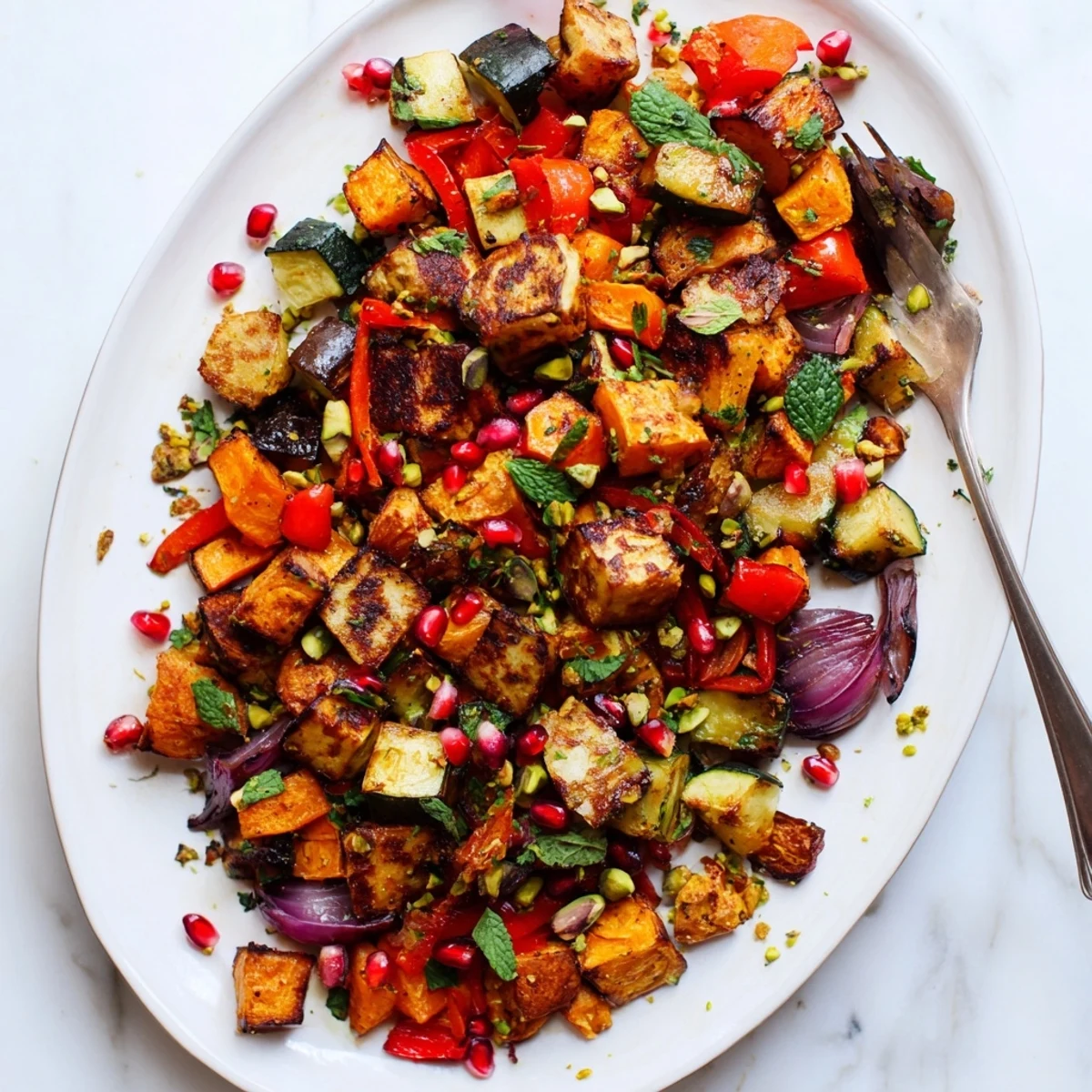This Jewelled Haloumi With Spiced Vegetable Bake features oven-roasted vegetables and aromatic spices, served as a vibrant main dish. 