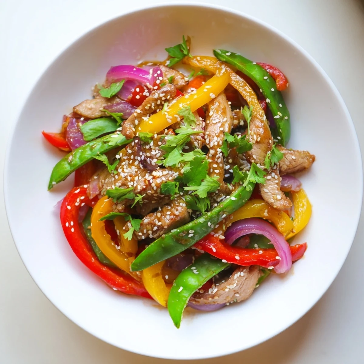 Quick Sweet Chilli Chicken Stir Fry served over fluffy jasmine rice with vibrant peppers and snap peas.