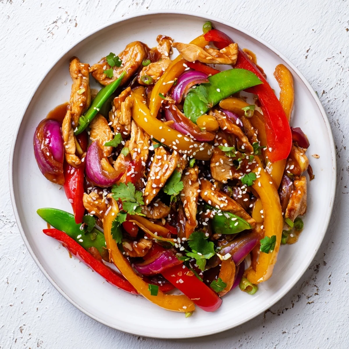 A plated Quick Sweet Chilli Chicken Stir Fry garnished with green onions and sesame seeds.