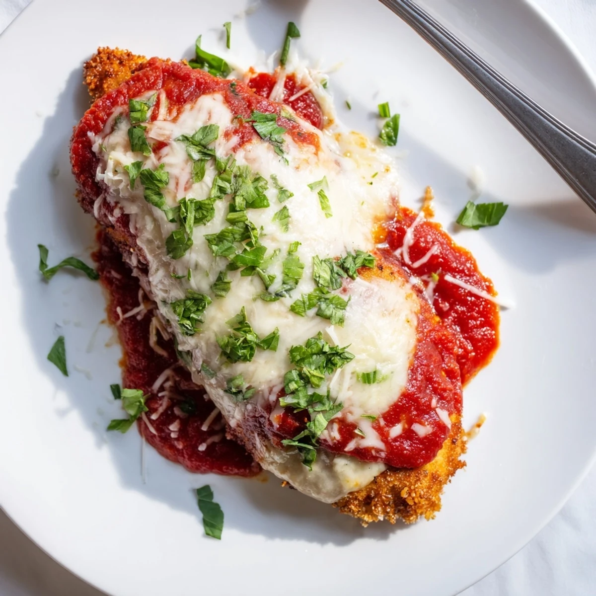 Golden-brown, crispy breaded chicken breasts covered in rich tomato sauce and bubbling melted mozzarella for Chicken Parmigiana.