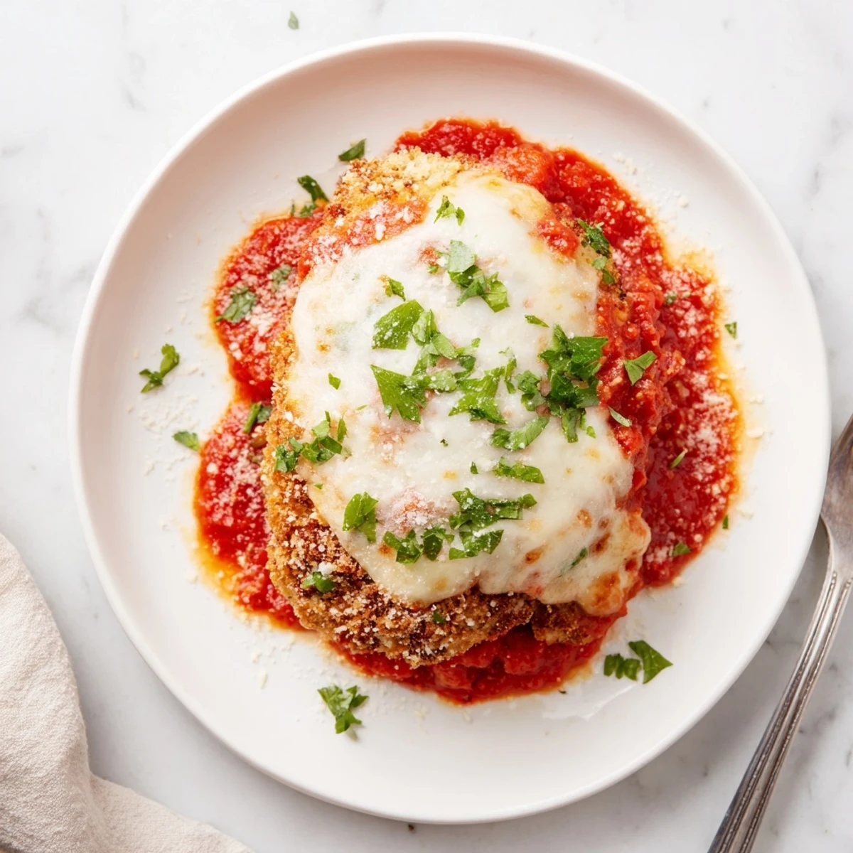 Sizzling fried chicken breasts topped with marinara sauce and melted mozzarella for a classic Chicken Parmigiana dish.