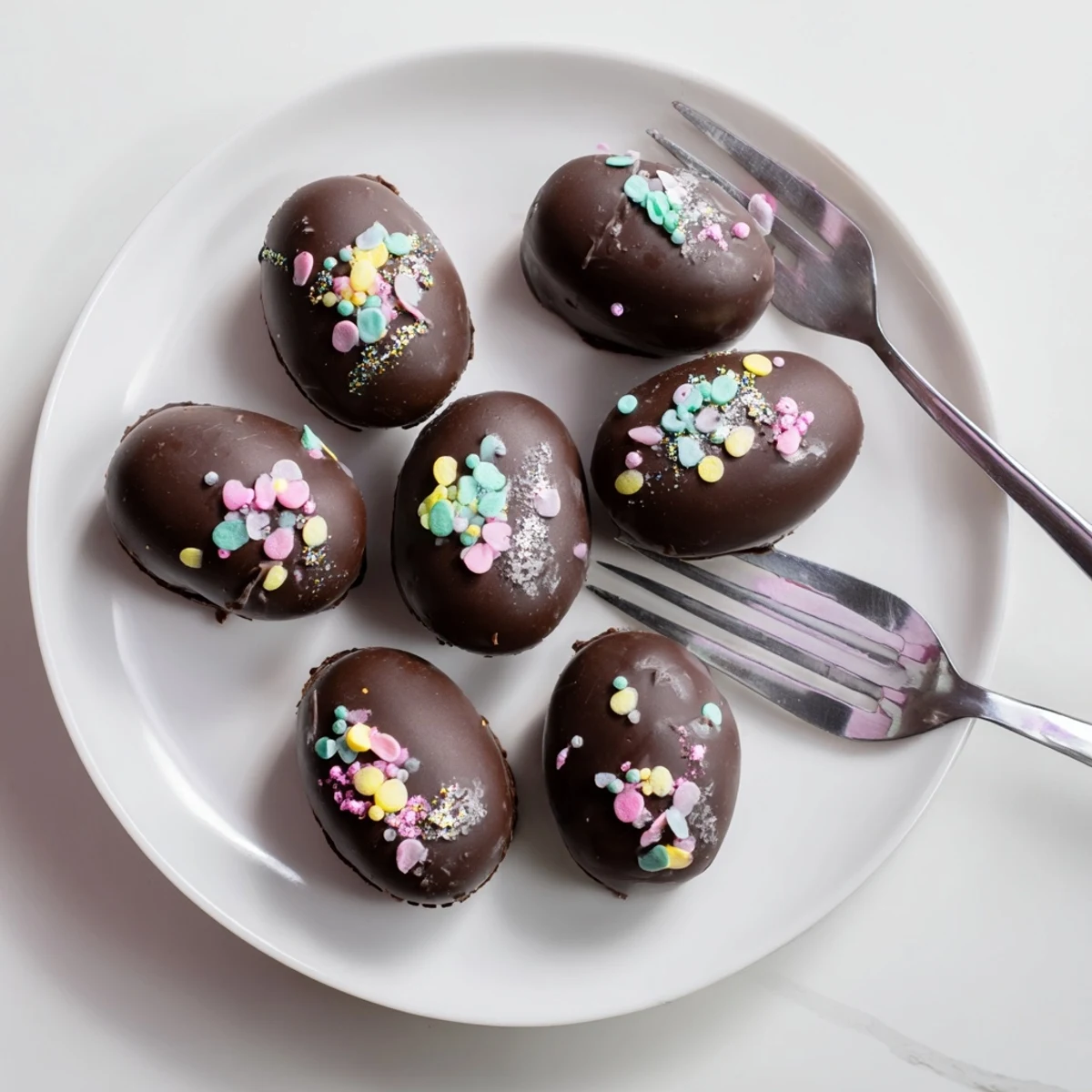Brightly decorated Easter Egg Oreo Balls sit on a pastel plate, showcasing smooth chocolate shells and festive sprinkles.