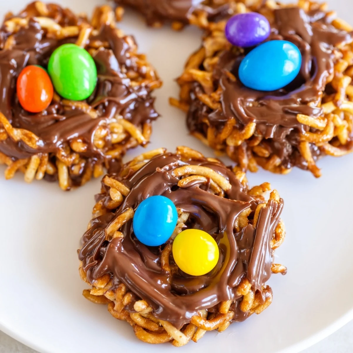 A close-up of Easter Birds Nest Cookies with Peanut Butter and Chocolate, showcasing the crispy chow mein noodles forming a nest filled with colorful candy eggs.